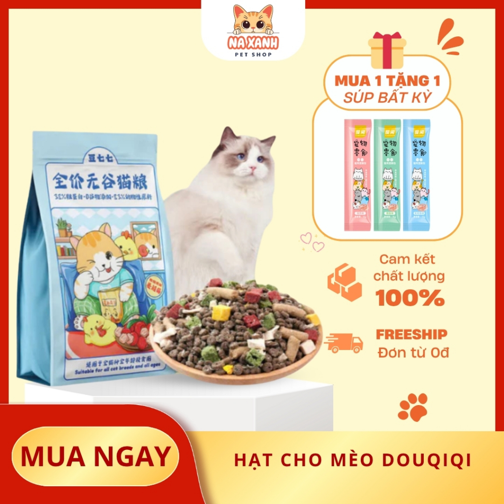 Hạt Cho Mèo DOUQIQI Đạm 38% Mix 6 Loại Đông Khô, Hạt Không Độn Ngũ Cốc Túi 2.5 Kg, Na Xanh Petshop