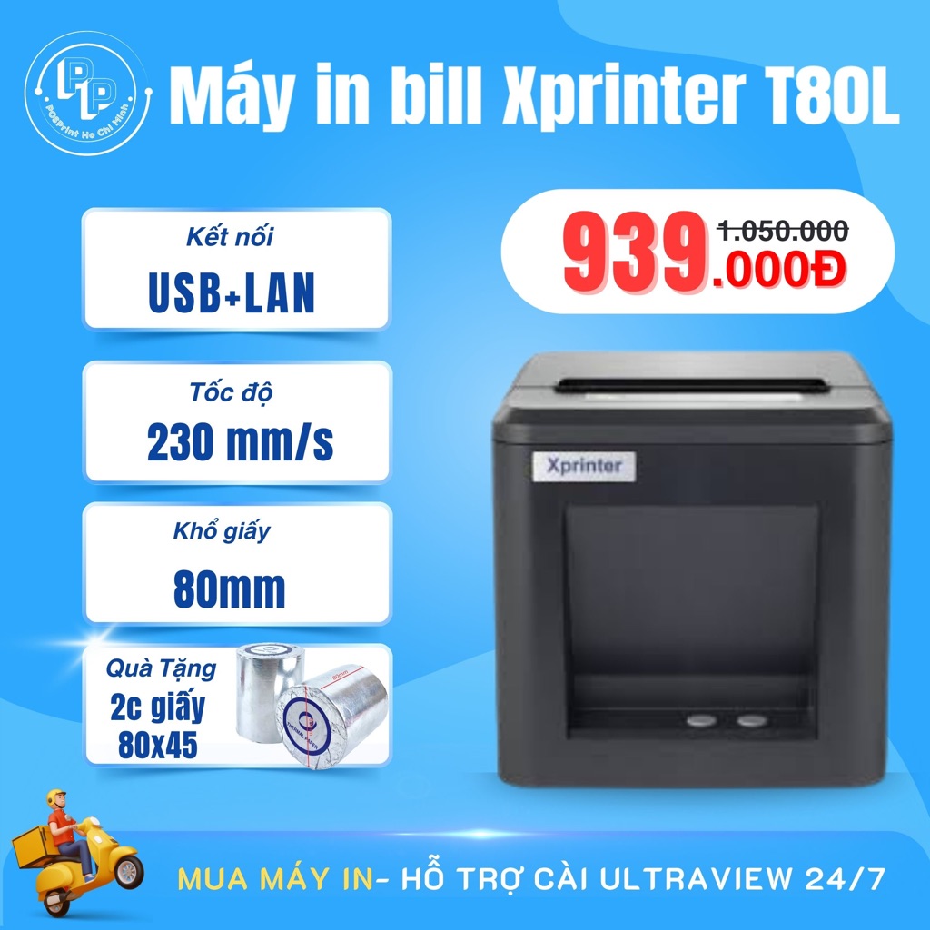 Máy in bill, hoá đơn tính tiền XPRINTER T80L kết nối USB+LAN khổ 80mm, máy in bill kết nối điện thoại, máy in livestream