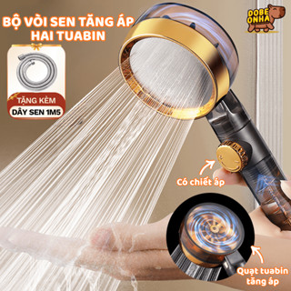 Bộ Vòi Sen Tăng Áp 2 Tuabin, Đầu Vòi Hoa Sen Cầm Tay Áp Lực Cao, Tiết Kiệm Nước, Phù Hợp Mọi Dây Sen