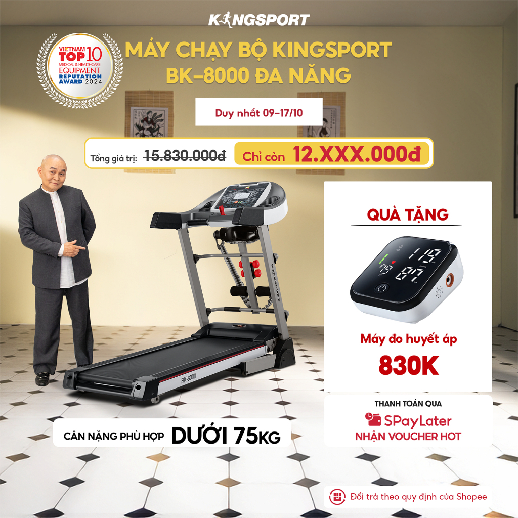 CHỈ GIAO MIỀN NAM | Máy chạy bộ KINGSPORT BK-8000 đa năng, thảm chạy rộng chống trơn, kèm đai massage và thanh gập bụng
