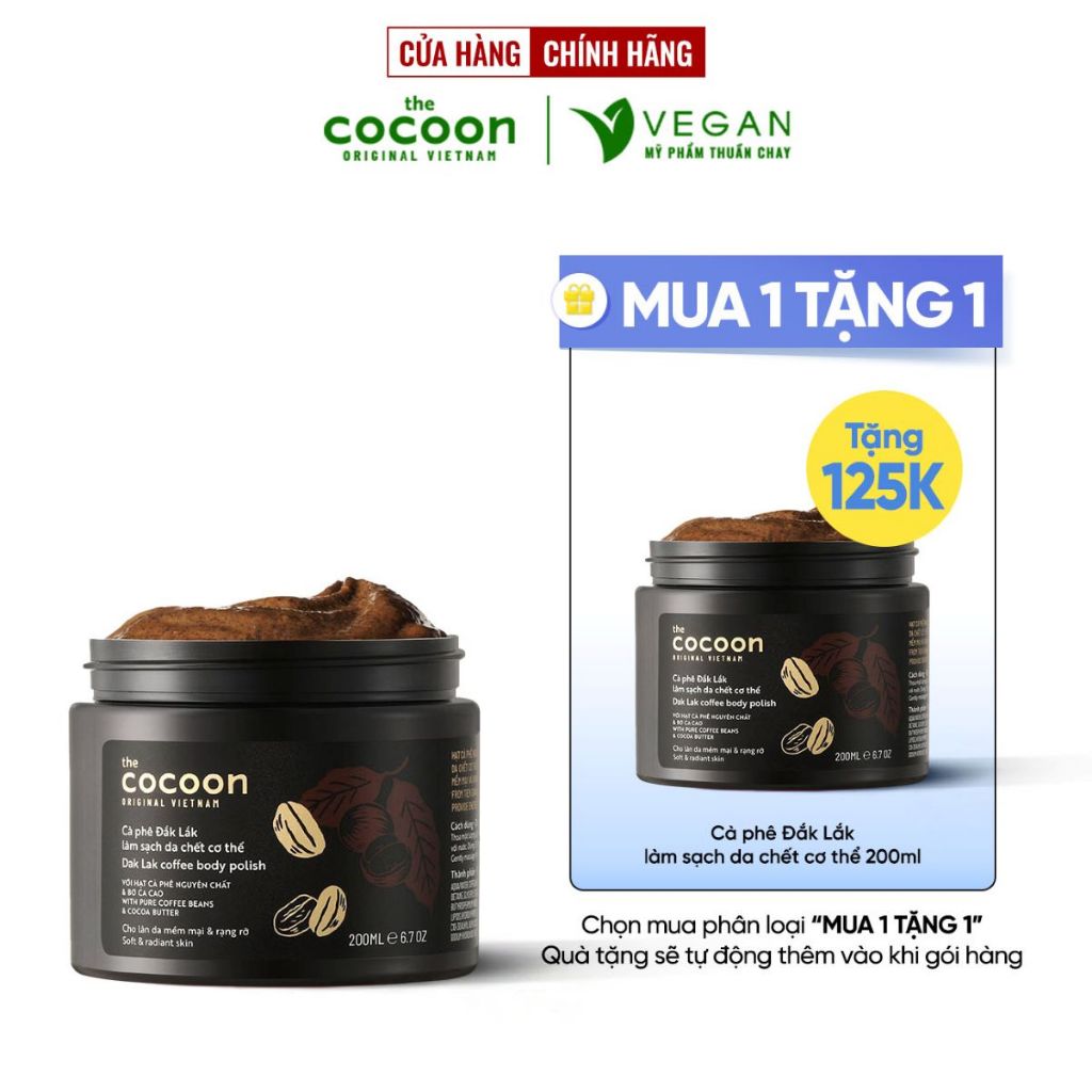 CÀ PHÊ ĐẮK LẮK LÀM SẠCH DA CHẾT CƠ THỂ THE COCOON VIỆT NAM 200ML VEGAN - Mỹ phẩm thuần chay