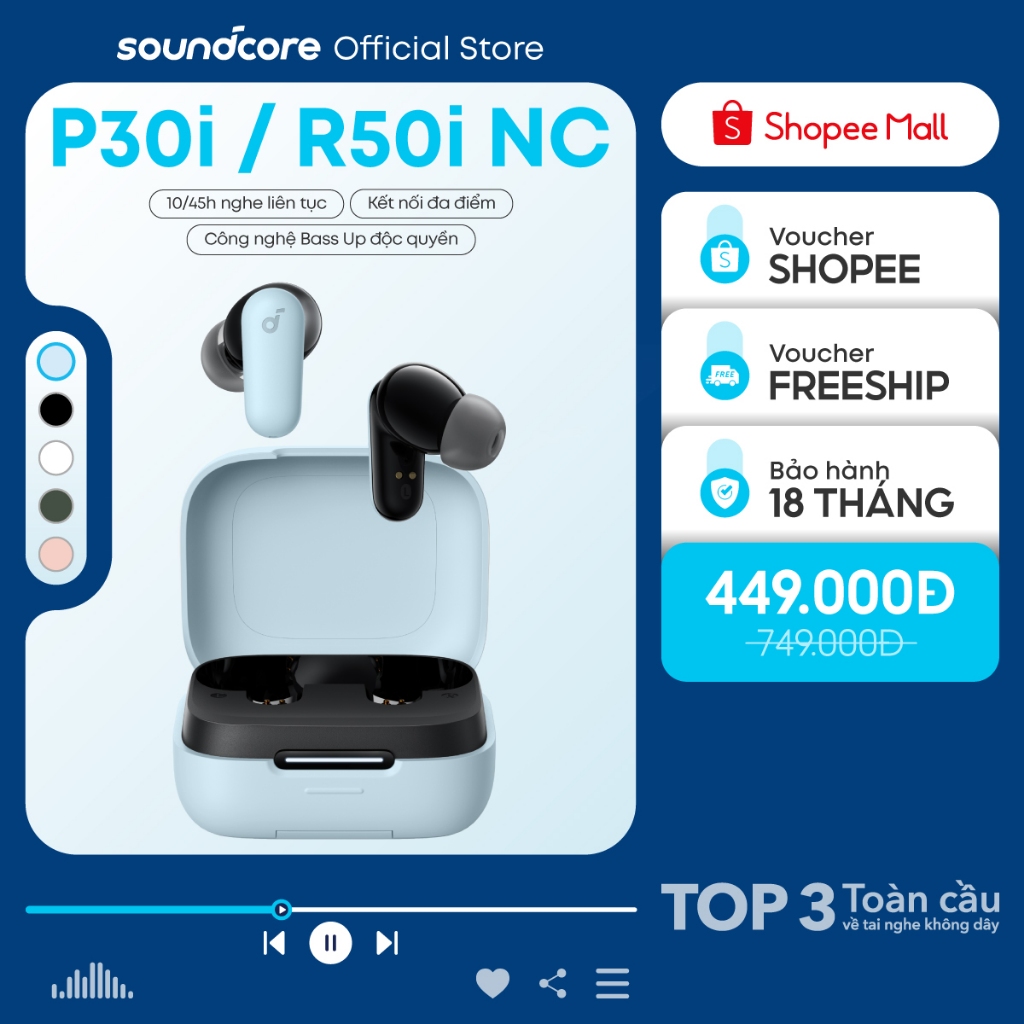 Tai nghe bluetooth soundcore R50i NC (P30i) chống ồn ANC | Chống nước và bụi IP54 |40 giờ phát nhạc |Tích hợp phiên dịch