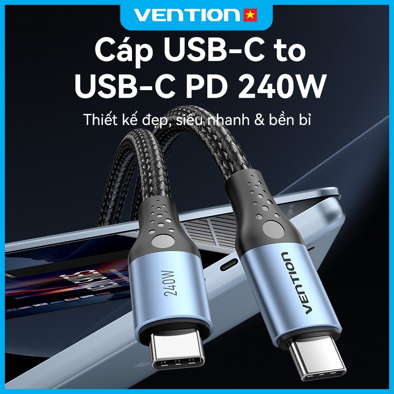 Cáp Sạc Nhanh 240W Vention Type C, Tốc Độ 480Mbps, Dây Dù Bện 4mm Đầu Hợp Kim Nhôm Mạ Niken Bền Chắc | BigBuy360 - bigbuy360.vn