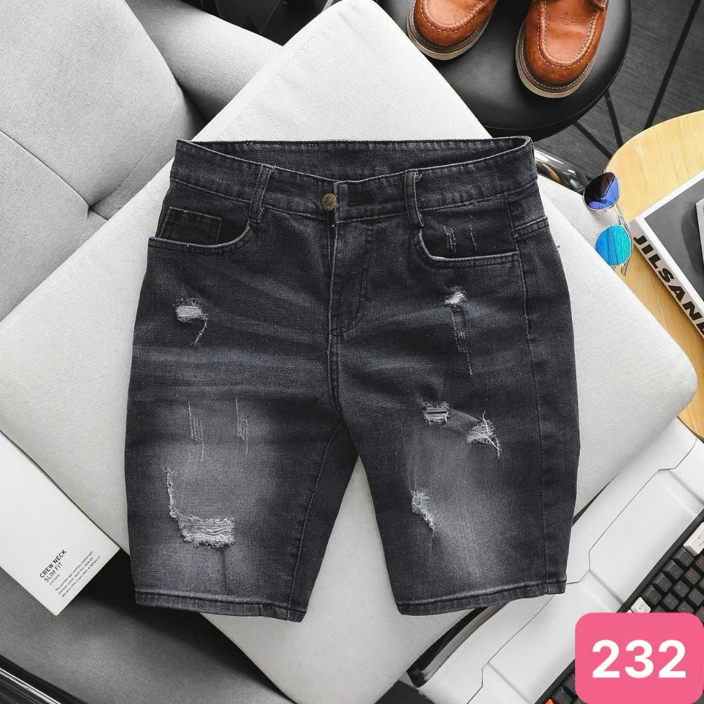 Quần short đùi jean nam xám đen rách gối chất bò cao cấp co dãn 4 chiều cực đẹp, quần rin nam form s