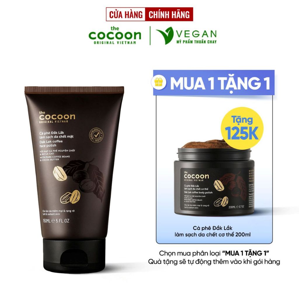 Tẩy Tế Bào chết Cà phê Đắk Lắk làm sạch da chết mặt cocoon 150ml - VEGAN mỹ phẩm thuần chay