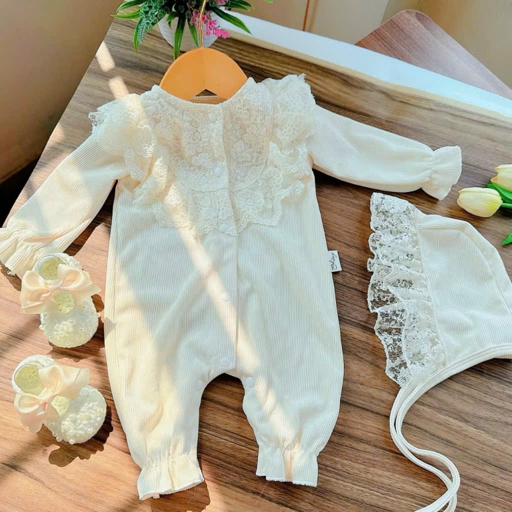 T12 - body liền thân Thu Đông cho bé gái sơ sinh từ 3-11kg - BODY LIỀN THÂN KEM  Hằng Handmade