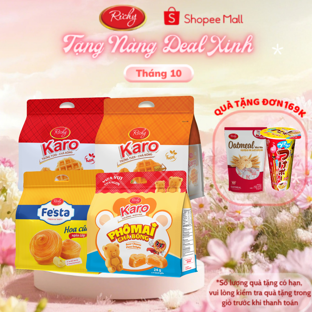 [Quà Tặng Đơn 169k] [HOT] Combo 4 Bịch Bánh Tươi Richy Karo: Chà Bông Sợi Gà, Phô Mai, Gấu & Bánh Mì Hoa Cúc