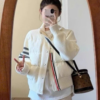  Áo khoác len phối phao trần bông tay kẻ sọc áo khoác nữ dáng bomber ngắn hot trend thu đông 