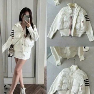  Áo Phao Nữ BomBer Phối Tay Len Dệt Kim Ba Sọc .Thiết Kế Khóa Kéo Mix Cúc Bấm - Hàng QC cao Cấp L1 