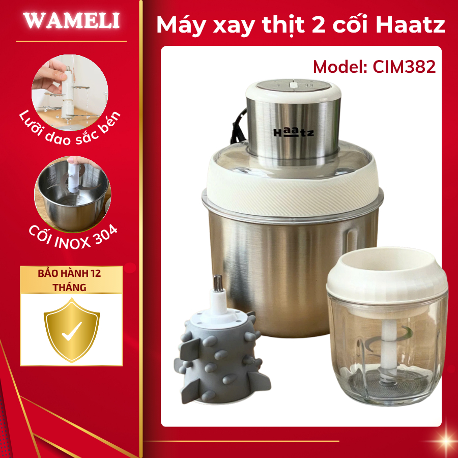 Máy xay thịt Haatz CIM382 công suất 500w, 2 cối 2.5L và 0.75L, kèm đánh ruốc đa năng bền bỉ