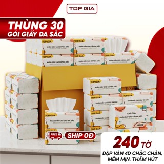 Giấy ăn rút đa sắc Topgia thùng 30 gói cao cấp 240 tờ 4 lớp dập vân 4D chắc chắn, mềm mịn, thấm hút