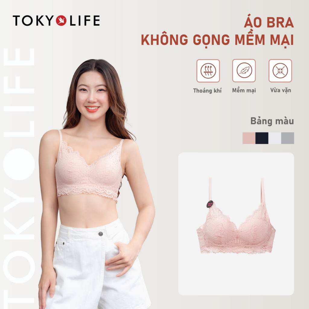 Áo lót ngực nữ TOKYOLIFE không gọng phối ren nâng ngực đệm dày chất vải mềm mại 40003181