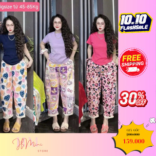 (Bigsize 45-85kg) Set đồ bộ nữ mặc nhà áo thun tăm viền cổ tay phối quần dài dáng baggy hoạ tiết