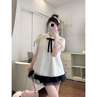  BIGSIZE HIẾU HIẾU  55-100KG  - Set thời trang nữ Áo chấm bi cổ sen đính nơ đen + Chân váy voan lưới xoè S671 