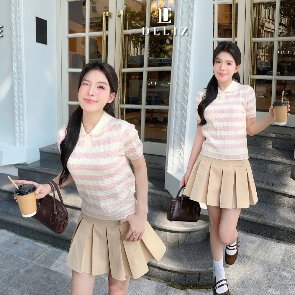 [DELIZ] - Áo len cổ sen cộc tay mùa hè phối màu, dáng công sở hiện tại chất len lông thỏ cao cấp PL32 LIVE | BigBuy360 - bigbuy360.vn