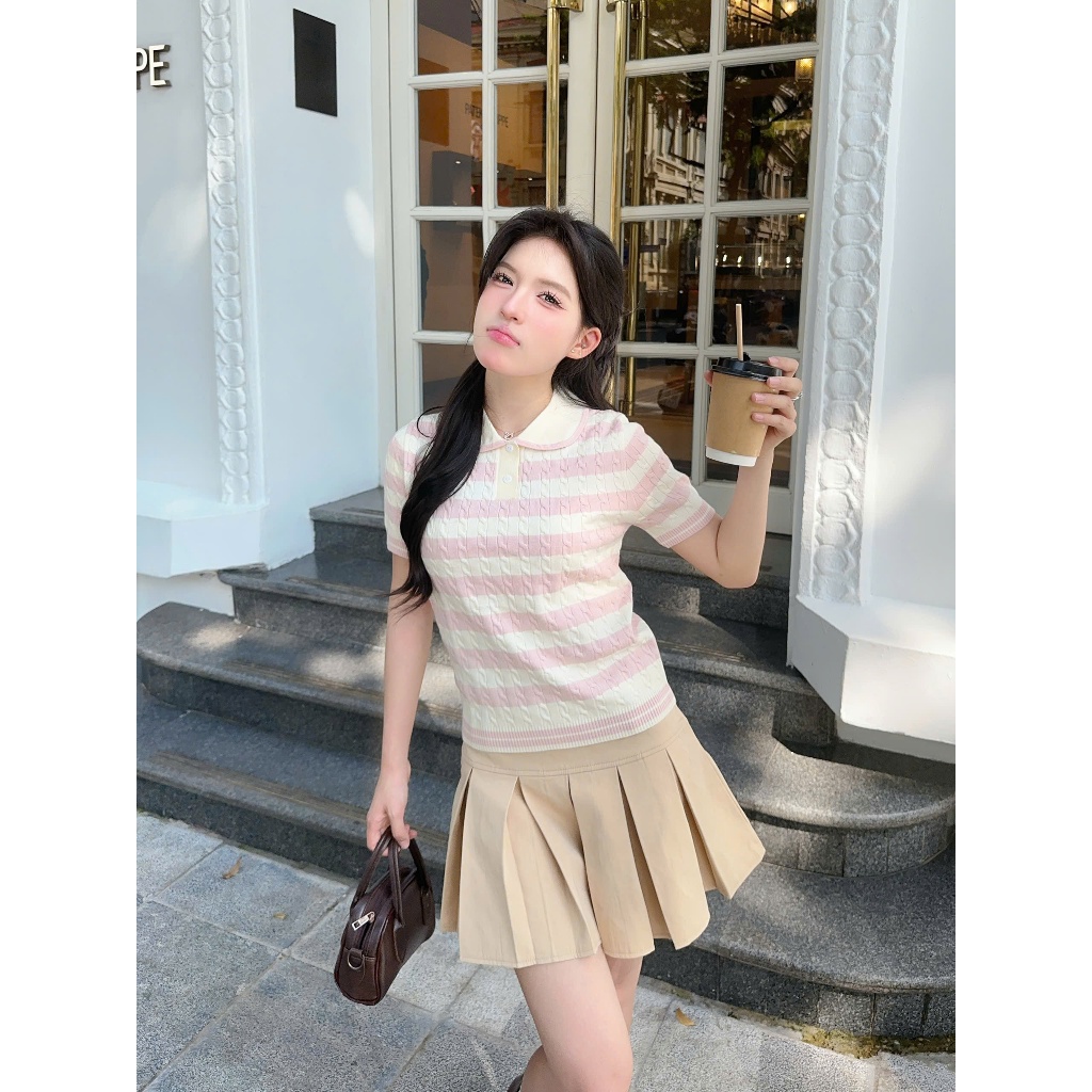 [DELIZ] - Áo len cổ sen cộc tay mùa hè phối màu, dáng công sở hiện tại chất len lông thỏ cao cấp PL32 LIVE | BigBuy360 - bigbuy360.vn