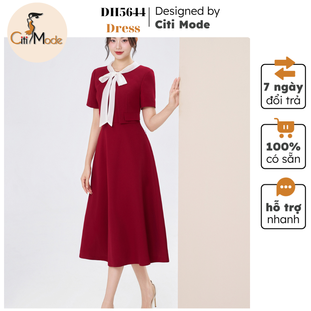 Đầm công sở CITI MODE FASHION thiết kế Đầm xòe A đỏ phối nơ trắng DH5644