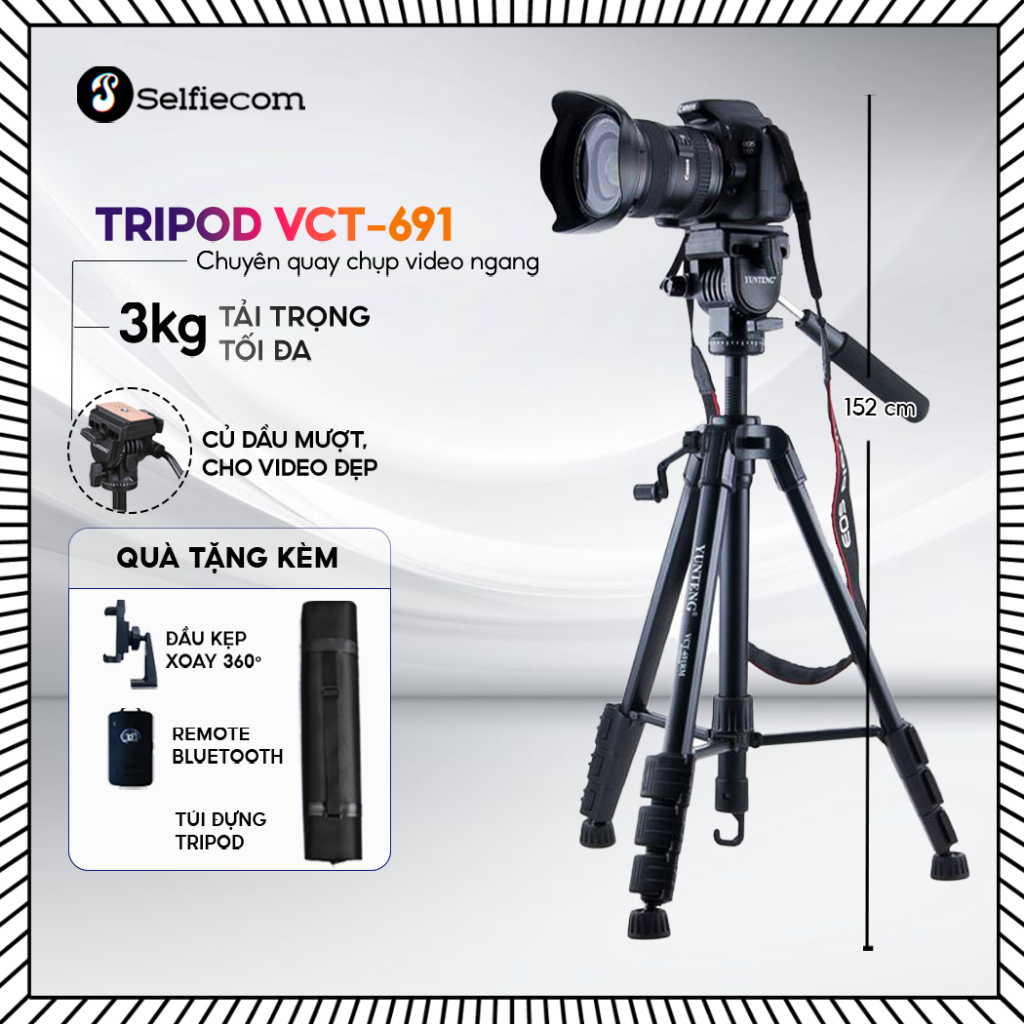[HCM]Tripod Máy Ảnh YUNTENG VCT-691 - Chân Đế Livestream Xoay 360° Kèm Kẹp Điện Thoại, Túi Đựng và Remote Bluetooth