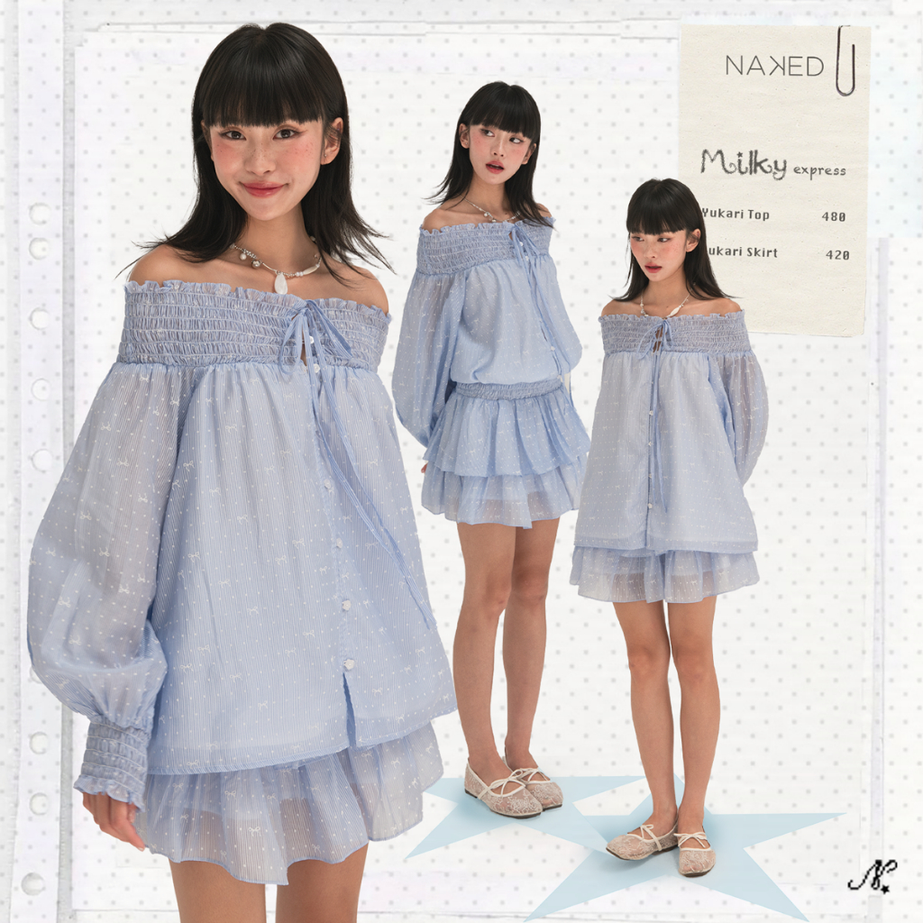 Set áo trễ vai nữ và chân váy xoè NAKEDbyV phối bo chun hoạ tiết nơ chìm YUKARI SET | BigBuy360 - bigbuy360.vn