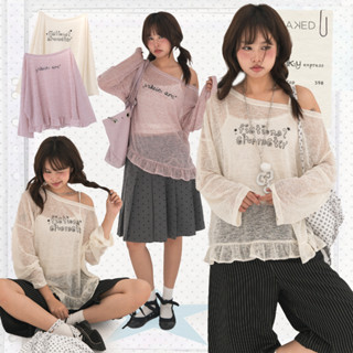  Áo thun dài tay nữ NAKEbyV áo trễ vai sweatshirt mỏng in chữ phong cách y2k form rộng FICTION TOP 