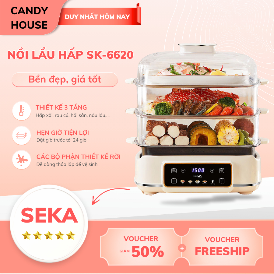 Nồi Lẩu Hấp 3 Tầng Seka SK-6620 Công Suất 1500W Hấp Xôi, Rau Củ, Nấu Lẩu, Hấp Nguyên Con Gà Làm Nóng Nhanh Giữ Nhiệt Tốt