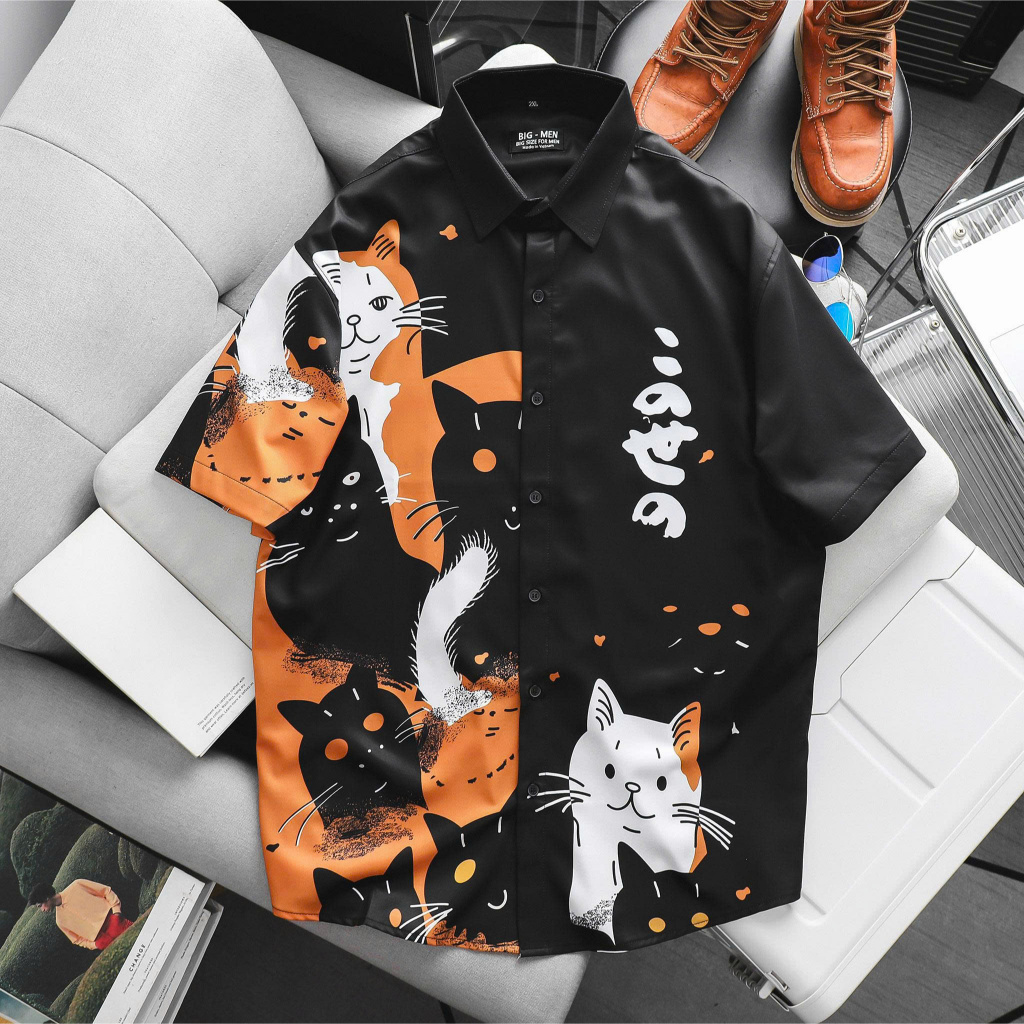 [Big Men] Áo sơ mi tay ngắn big size nam họa tiết mèo cam thời trang 80-130kg.