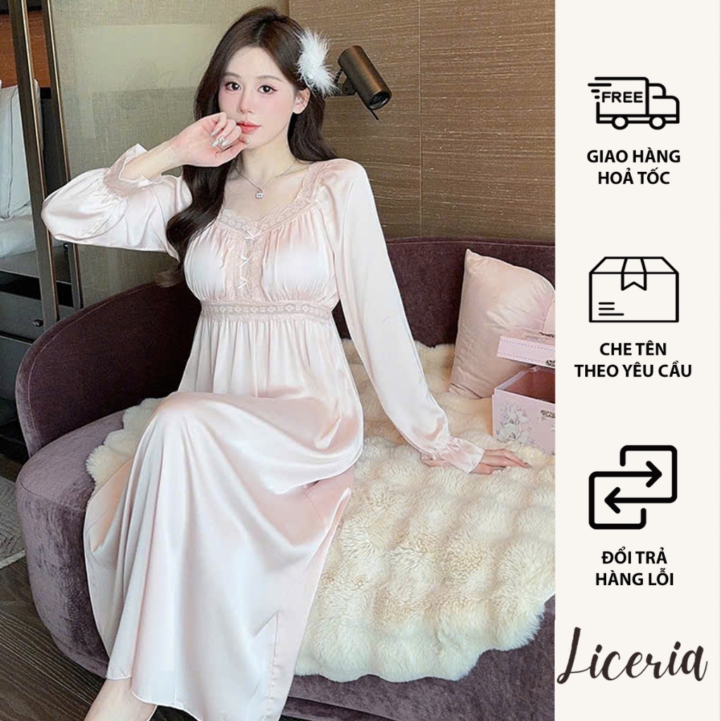 Đầm Ngủ Nữ LICERIA Lụa Lạnh Dài Tay Phong Cách Pháp Có Đệm Ngực Kiểu Dáng Cung Đình Cao Cấp