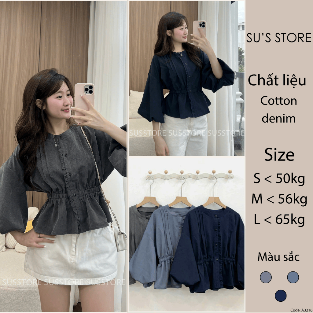Áo Sơ Mi Xếp Li Trước Cúc Dọc Viền Bèo Chun Eo Tay Bồng A3216 SUSSTORESG Thời Trang Nữ