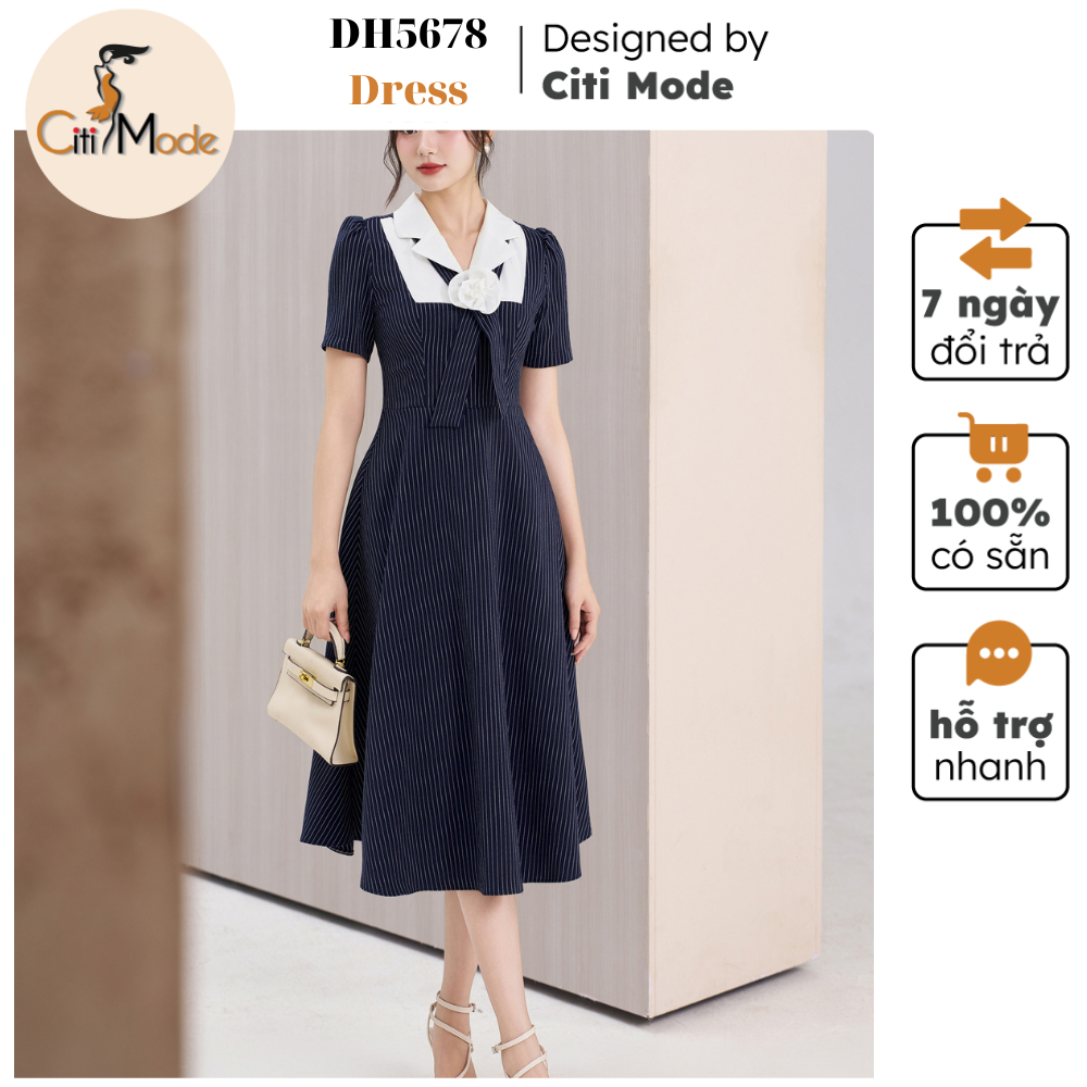 Đầm công sở CITI MODE FASHION thiết kế Đầm xòe kẻ tím than cổ vest trắng đính hoa DH5678
