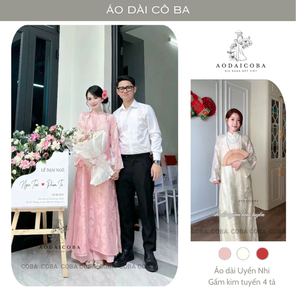 Áo Dài Dáng Suông Uyển Nhi Chất Gấm Kim Tuyến Cao Cấp 2 Lớp 4 Tà, Mặc Dạm Ngõ, Sự Kiện Trang Trọng - Áo Dài Cô Ba