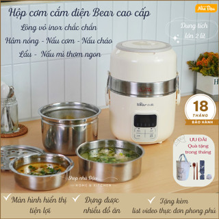  Hộp Cơm Cắm Điện Bear Cao Cấp Dung Tích Lớn 2L - Vỏ Inox - Hộp Cơm Hâm Nóng - Nấu Cơm Cháo Mì Nấu Lẩu 