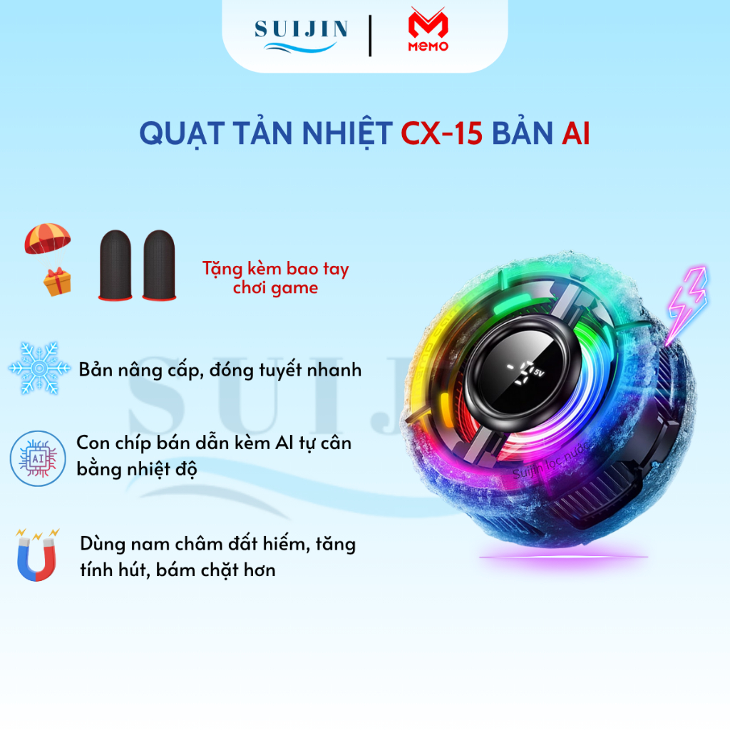 Sò lạnh MEMO CX15 thế hệ mới mát âm độ tản nhiệt điện thoại, điều chỉnh đèn led, tích hợp AI, đa dụn