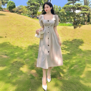 Đầm midi cổ vuông thắt eo 2 màu mặc đi làm đi chơi đều xinh (kèm hình thật)