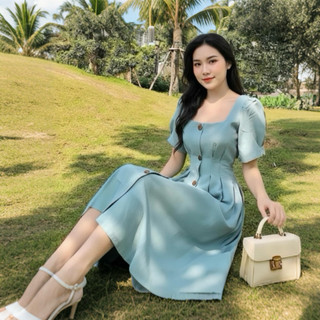Đầm midi cổ vuông thắt eo 2 màu mặc đi làm đi chơi đều xinh (kèm hình thật)