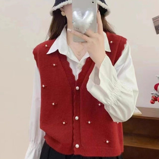 (Sẵn đỏ) Áo Gile Len Nữ Hoa Ngọc Sóng Cổ V Mẫu Tiểu Thư Điệu Đà HQ