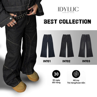  Quần Jean Ống Loe Rộng Họa Tiết Nam Nữ Che Khuyết Điểm – Denim Đứng Form Wash Vintage – IDYLLIC 