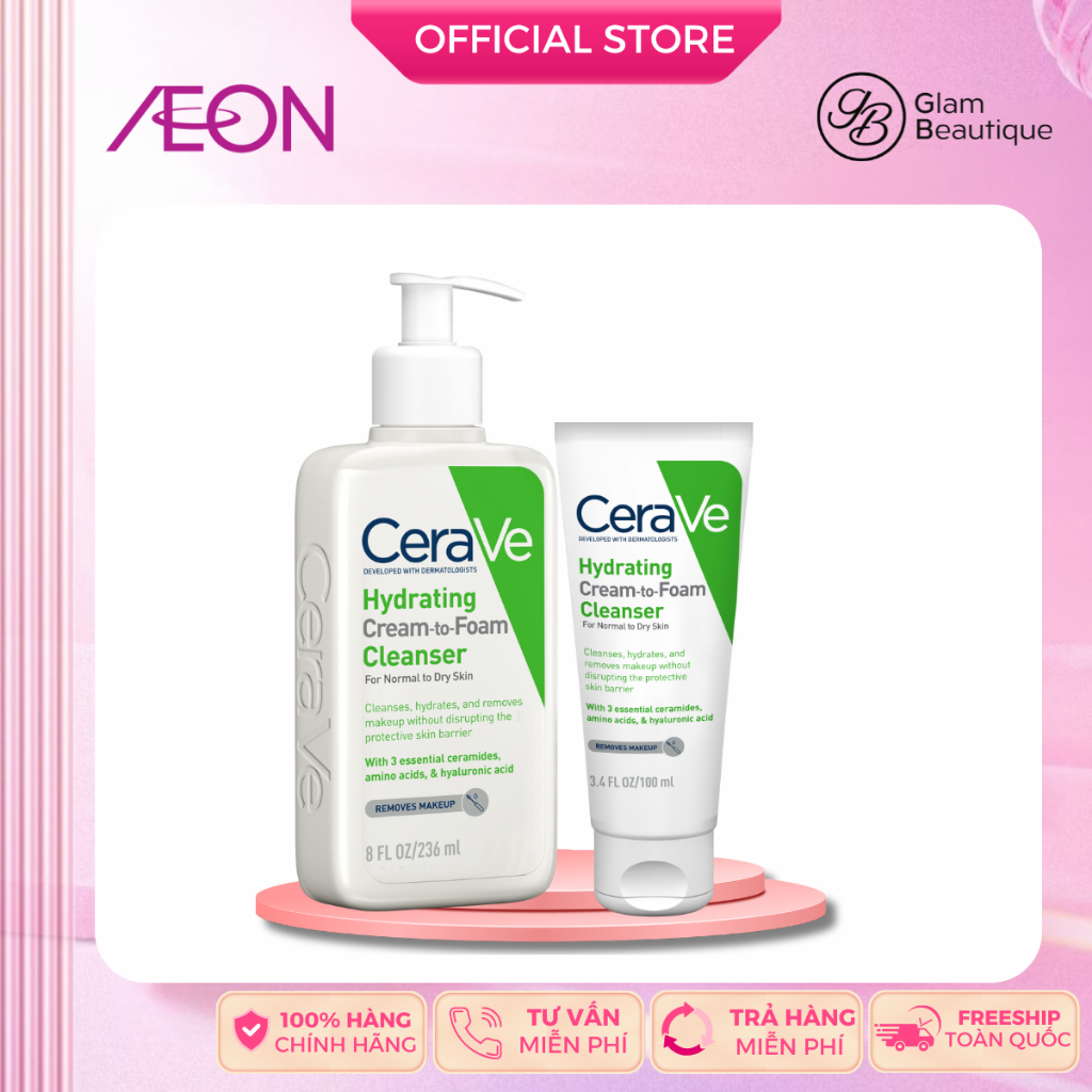 Sữa rửa mặt CeraVe dạng kem tạo bọt (làm sạch và tẩy trang) Hydrating Cream-to-Foam Cleanser 100ml/2