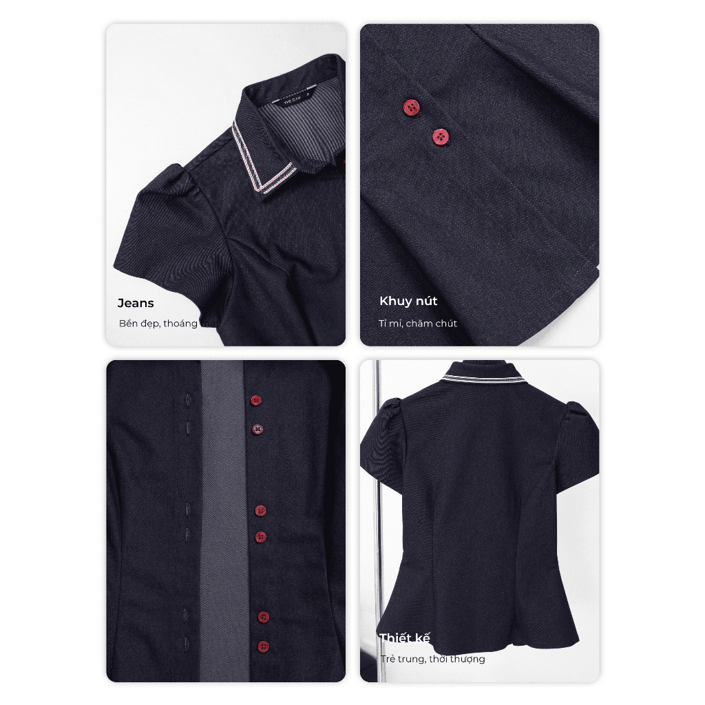 Áo peplum tay phồng cổ bẻ phối viền THE C.I.U, áo kiểu sơ mi dáng ôm chất denim thanh lịch - Namy Top | BigBuy360 - bigbuy360.vn