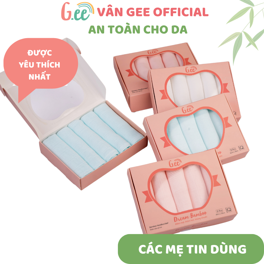 Sét 5 khăn sữa Gee 2 lớp sợi tre/ muslin cao cấp (30x30cm) siêu mềm mịn, thấm hút an toàn cho dạ bé.
