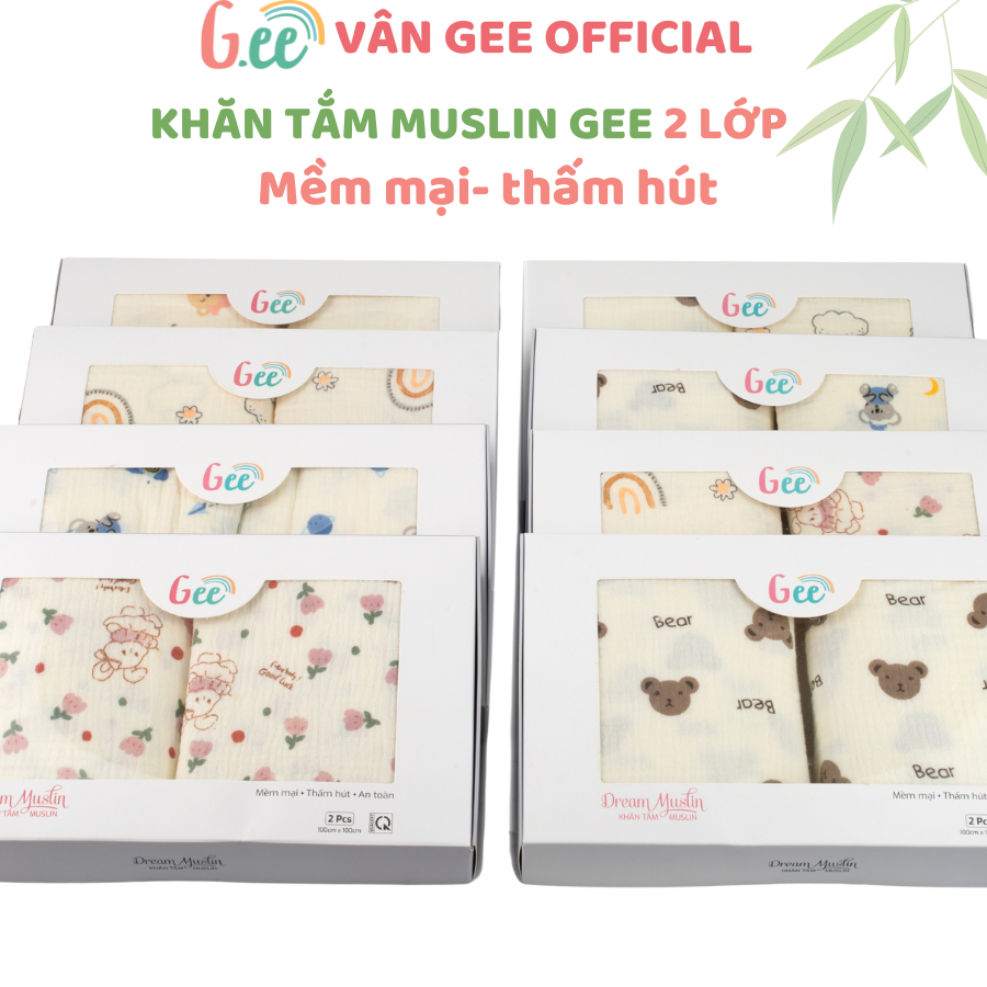 Set 2 khăn tắm Muslin 2 lớp 100% cotton organic mềm mại, thấm hút, an toàn cho làn da bé, kích thước 1m*1m