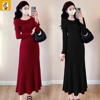  Mới 2025 Váy đầm bầu len dáng dài cổ nơ sang trọng cho mùa thu đông chất len mềm mịn co giãn. 