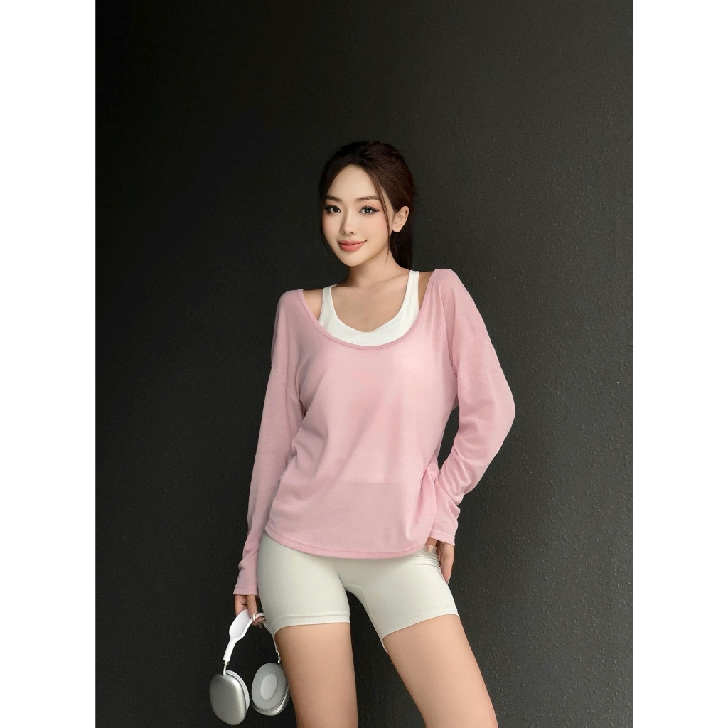 Áo thể thao nữ tay dài, dáng rộng, cổ tròn, chất liệu dệt kim từ sợi tổng hợp 85% Polyester + 15% Viscose AD-COCO
