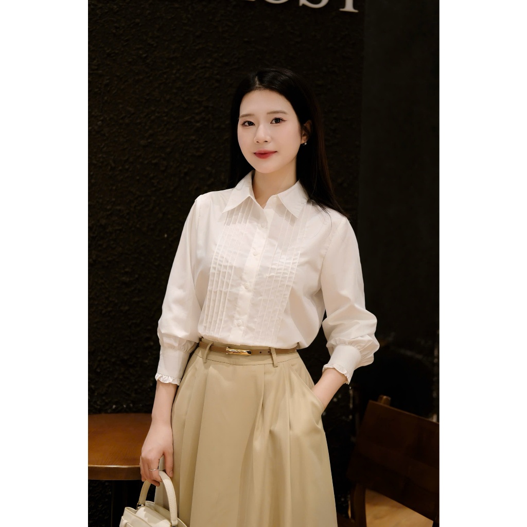 Áo sơ mi cổ đức phối xếp ly kèm nơ trẻ trung phù hợp đi làm đi chơi - HERIN HA06