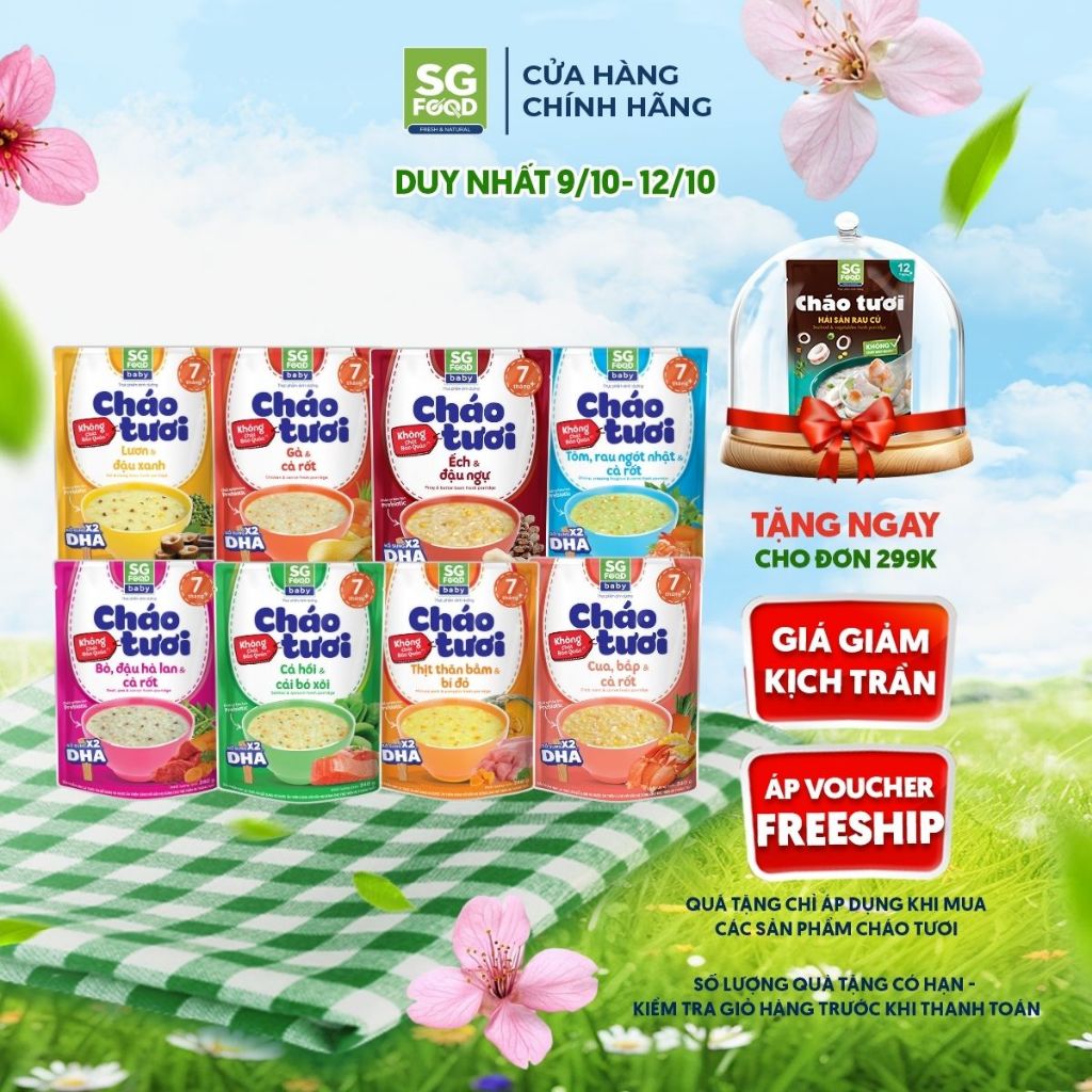 Combo 8 gói Cháo Tươi Baby 240g (Gà, Thịt Bằm, Bò, Tôm, Lươn, Cá Hồi, Cua, Ếch) SG Food