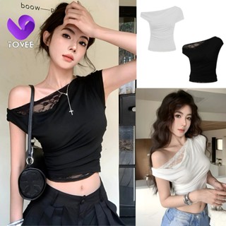 Áo BABY TEE TRỄ VAI LÓT REN VẠT BẦU Nhún Eo Ôm Body Chất Thun Gân DD96, Áo tay ngắn kiểu nữ Xuyên Thấu TOVEE