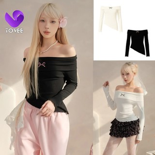  Áo Thun TAY DÀI TRỄ VAI VẠT CHÉO Thêu Nơ Hồng Dáng Dài Nữ Chất Thun Gân DD157 Áo Thun Babytee Nữ Tôn Dáng Đẹp TOVEE 