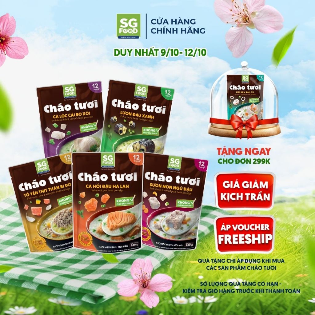 Lốc 51 - 5 Cháo Tươi SG Food 240G mix vị (Tổ Yến Thịt Thăn, Sườn Non, Lươn, Cá Lóc, Cá Hồi)