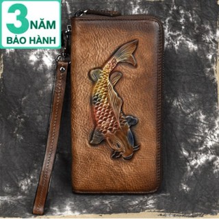 Ví cầm tay ví dài nam nữ 100% da bò Miếng thật thời trang cao cấp phong cách cá tính In nổi Cá Chép -Bảo Hành 3 Năm