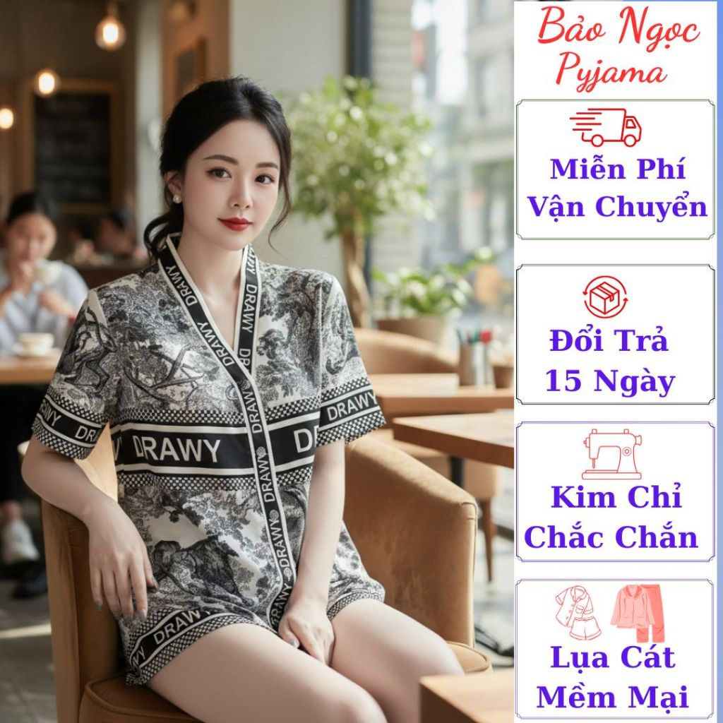 Set Đồ Ngủ Pijama Nữ Cổ Y Bảo Ngọc Màu Bạc Ghi Huyền Thoại Cao Sang Quý Phái