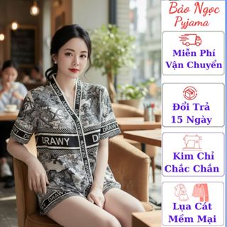 Set Đồ Ngủ Pijama Nữ Cổ Y Bảo Ngọc Màu Bạc Ghi Huyền Thoại Cao Sang Quý Phái
